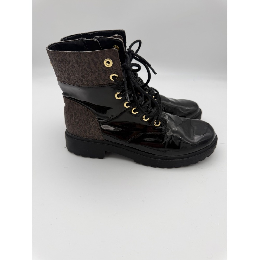 Michael Kors Black Patent Brown Monogram Combat Boots Gold Zip LS21B Womens 8.5M
